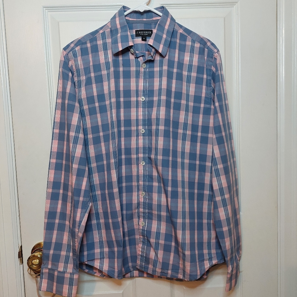 J Maverick Blue Pink Plaid Slim Fit Long Sleeve Button Up Preppy Shirt Size M